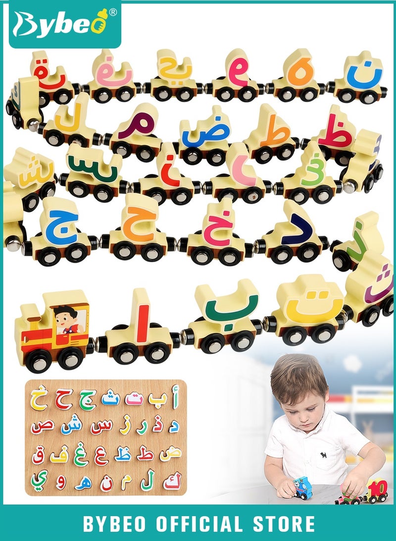 بيبو مجموعة ألعاب قطار مغناطيسي بالحروف العربية + لوحة ألغاز خشبية، لعبة تعليمية مونتيسوري للأطفال لتعلم تهجئة الكلمات والحروف، هدية تعليمية للأطفال الصغار. - Image 1